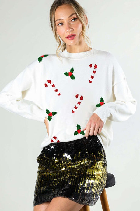 Off White Christmas Sequin Detail Sweater Top