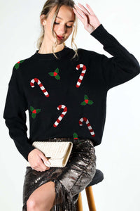 Black Christmas Sequin Detail Sweater Top