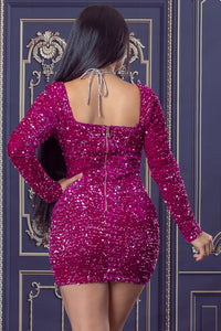 Magenta V-neck Sequin Mini Dress