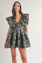 Black Floral Printed Puff Sleeve Pleated A-Line Dress