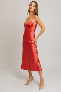 Rust Lace Trim Detail Bias Midi Dress