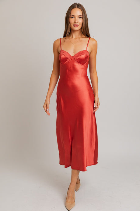 Rust Lace Trim Detail Bias Midi Dress