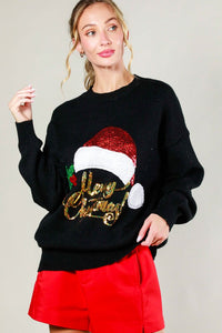 Black Santa Sequin Detail Sweater Top