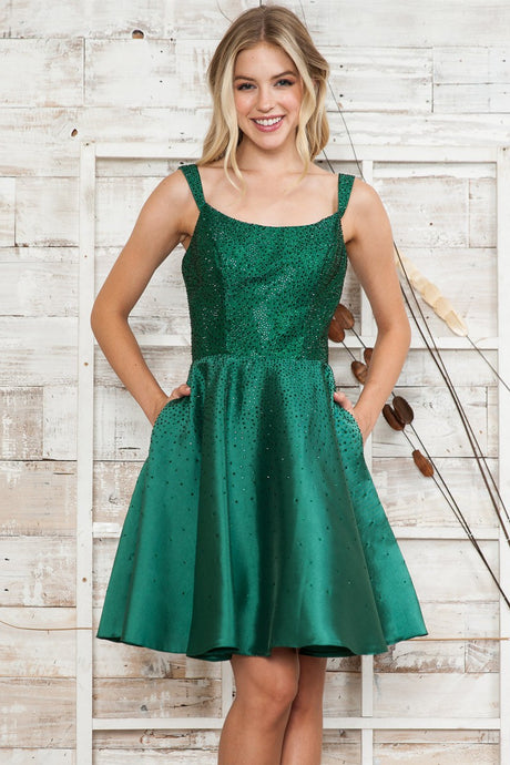 Emerald Rhinestone Square Neck Mikado Dress