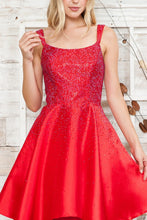 Red Rhinestone Square Neck Mikado Dress
