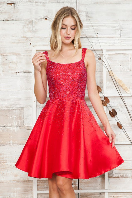 Red Rhinestone Square Neck Mikado Dress