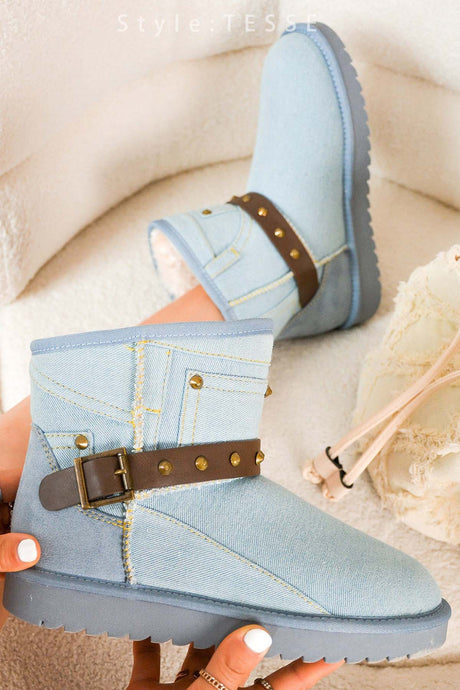 Blue Womens Buckled Platform Fur Ankle Booties