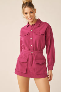 Magenta Elastic Waist Button Down Pocketed Collared Romper