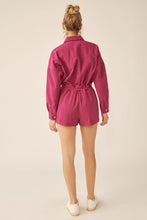 Magenta Elastic Waist Button Down Pocketed Collared Romper