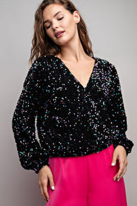 Black Velvet Sequin Wrap Blouse Top