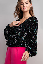 Black Velvet Sequin Wrap Blouse Top
