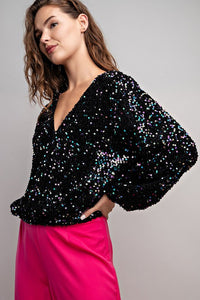 Black Velvet Sequin Wrap Blouse Top