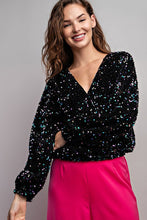 Black Velvet Sequin Wrap Blouse Top