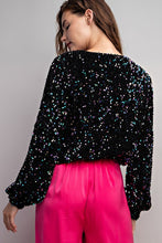 Black Velvet Sequin Wrap Blouse Top