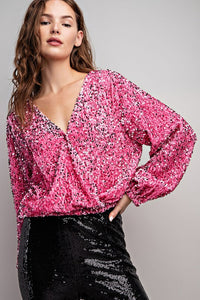 Dusty Pink Velvet Sequin Wrap Blouse Top