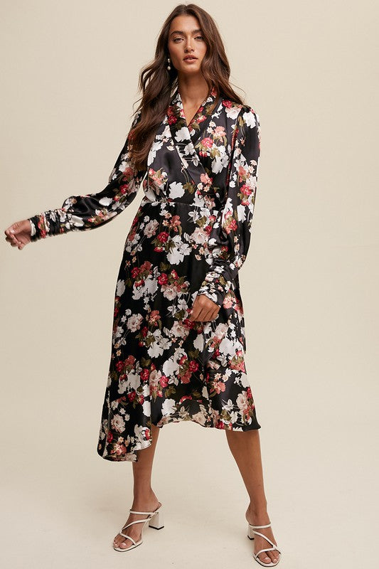 knee length dresses for ladies Wine Printed Long Sleeve Wrap Midi Dress – AX Paris main image 0