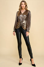 Goldblack Metallic Fabric V Neck Long Sleeve Top