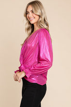 Fuchsia Metallic Fabric V Neck Long Sleeve Top