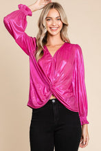 Fuchsia Metallic Fabric V Neck Long Sleeve Top