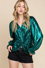 Hunter Metallic Fabric V Neck Long Sleeve Top