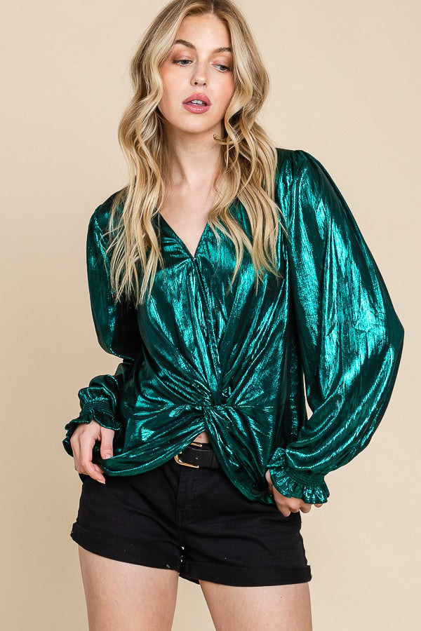 Hunter Metallic Fabric V Neck Long Sleeve Top