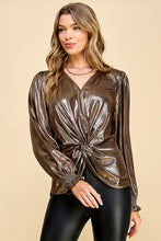 Goldblack Metallic Fabric V Neck Long Sleeve Top