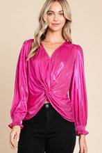 Fuchsia Metallic Fabric V Neck Long Sleeve Top