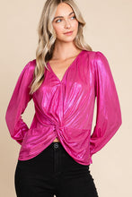 Fuchsia Metallic Fabric V Neck Long Sleeve Top
