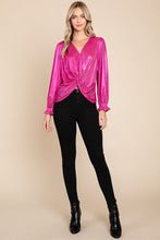 Fuchsia Metallic Fabric V Neck Long Sleeve Top