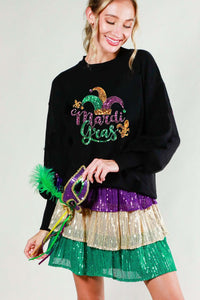 Black Long Sleeve Sequin Detail Mardigras Sweater Top