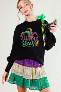 Black Long Sleeve Sequin Detail Mardigras Sweater Top