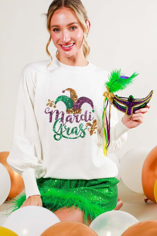 Off White Long Sleeve Sequin Detail Mardigras Sweater Top