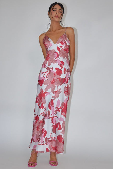 Pink Floral Print V Neckline Maxi Dress