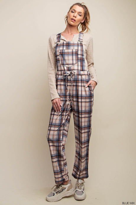 Blue Mix Plaid Suspender Overalls Jumpsuit
