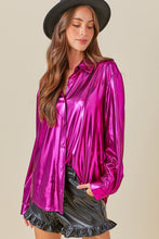 Metallic Magenta Shiny Metallic Fabric Button Down