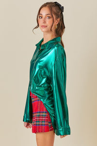 Metallic Green Shiny Metallic Fabric Button Down