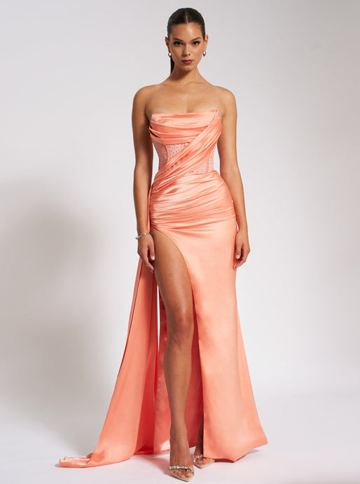 Holly Coral Crystallized Corset High Slit Gown
