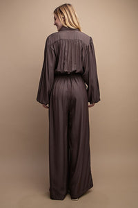 Mocha Button Down Long Sleeve Belted Jumpsuit