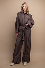 Mocha Button Down Long Sleeve Belted Jumpsuit