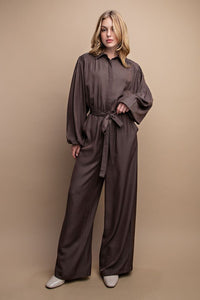Mocha Button Down Long Sleeve Belted Jumpsuit