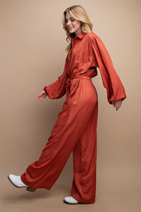 Rust Button Down Long Sleeve Belted Jumpsuit