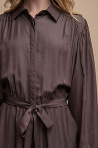 Mocha Button Down Long Sleeve Belted Jumpsuit
