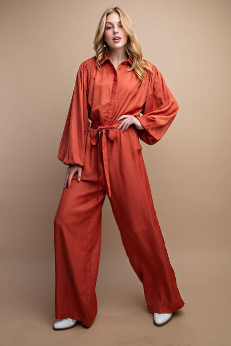 Rust Button Down Long Sleeve Belted Jumpsuit