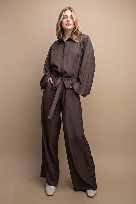 Mocha Button Down Long Sleeve Belted Jumpsuit