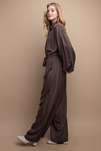 Mocha Button Down Long Sleeve Belted Jumpsuit