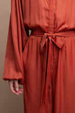 Rust Button Down Long Sleeve Belted Jumpsuit