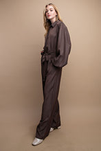 Mocha Button Down Long Sleeve Belted Jumpsuit