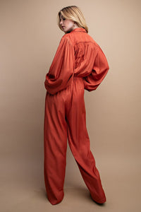 Rust Button Down Long Sleeve Belted Jumpsuit