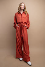 Rust Button Down Long Sleeve Belted Jumpsuit