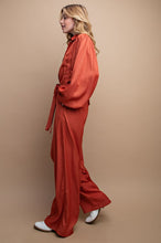 Rust Button Down Long Sleeve Belted Jumpsuit